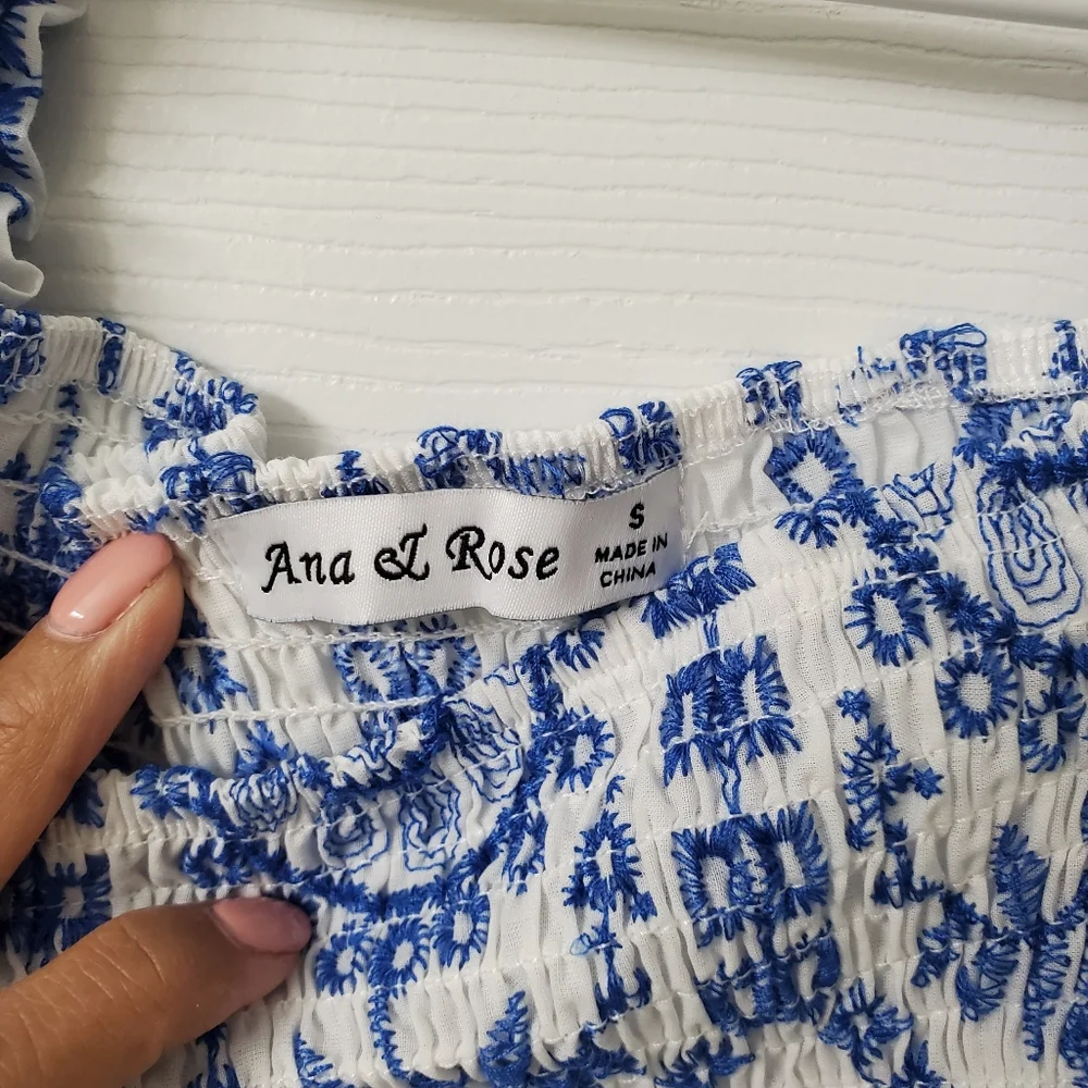 Ana & Rose Blue & White Embroidered Lace Smock Midi Dress - Women Small - Picture 5 of 7